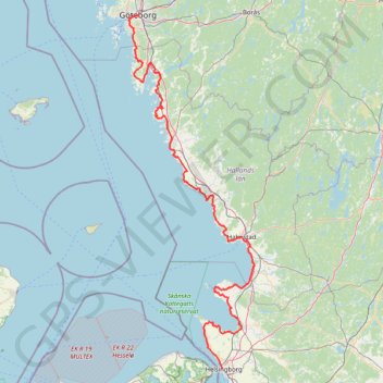 Itinéraire Kattegattleden Göteborg - Helsingborg, distance, dénivelé, altitude, carte, profil, trace GPS