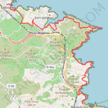 Itinéraire 1.1 Collioure-Banyuls Littoral, distance, dénivelé, altitude, carte, profil, trace GPS