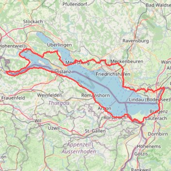 Itinéraire Rund um den Bodensee 218 km, distance, dénivelé, altitude, carte, profil, trace GPS