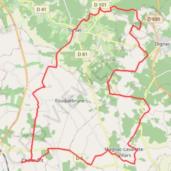 Itinéraire Charmant - torsac - Charmant, distance, dénivelé, altitude, carte, profil, trace GPS