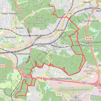 Itinéraire Boucle simple en forêt de Meudon, distance, dénivelé, altitude, carte, profil, trace GPS