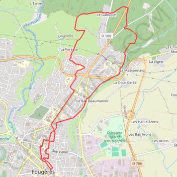 Itinéraire Fougères, distance, dénivelé, altitude, carte, profil, trace GPS