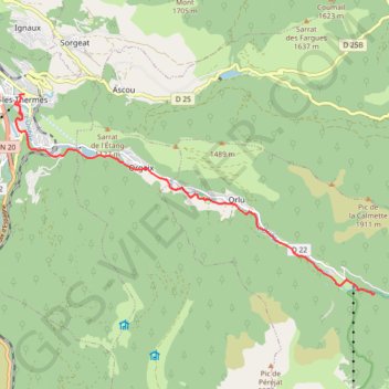 Itinéraire Orgeix - Orlu - les Forges d'Orlu cascade, distance, dénivelé, altitude, carte, profil, trace GPS