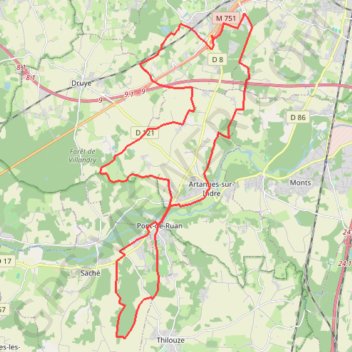 Itinéraire Artannes-sur-Indre, Saché, Pont-de-Ruan, distance, dénivelé, altitude, carte, profil, trace GPS
