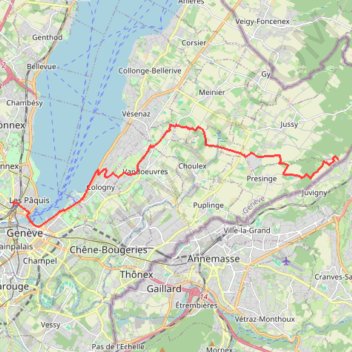 Itinéraire Route de La Renfile, Jussy à Place de Montbrillant 17, Genève via Les Faverges, Presinge @510881,119728 via Ch. des Blessonniers, Presinge @509552,119460 via Les Meunières, Jussy @508920,120047 via La Vy-la-Tour 8, Meinier @506309,121107 via Ch. des Crêts, distance, dénivelé, altitude, carte, profil, trace GPS