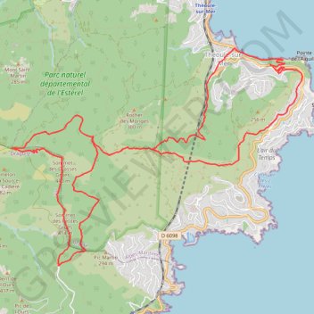Itinéraire Col de Théoule, col du Trayas, crête des Grues, Notre-Dame d'Afrique, distance, dénivelé, altitude, carte, profil, trace GPS