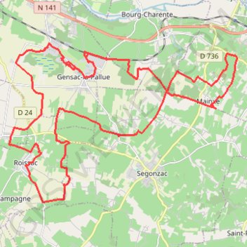 Itinéraire Gensac la Pallue 42 kms, distance, dénivelé, altitude, carte, profil, trace GPS