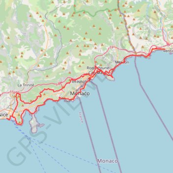 Itinéraire Nice-Ventimille basse et grande corniche, distance, dénivelé, altitude, carte, profil, trace GPS