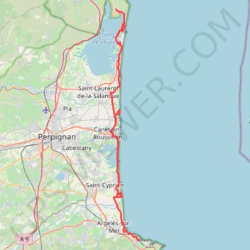 Itinéraire Argelès Leucate, distance, dénivelé, altitude, carte, profil, trace GPS