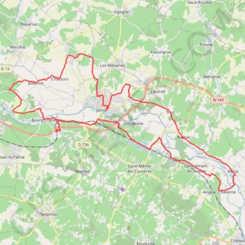 Itinéraire Jarnac 50km, distance, dénivelé, altitude, carte, profil, trace GPS