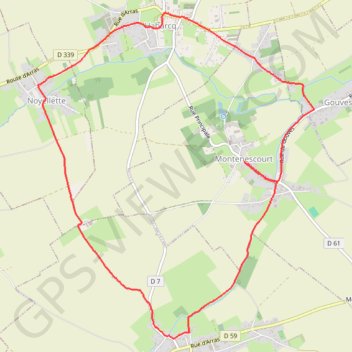 Itinéraire Montenescourt - Wanquetin - Noyellette - Habarcq - Gouves, distance, dénivelé, altitude, carte, profil, trace GPS