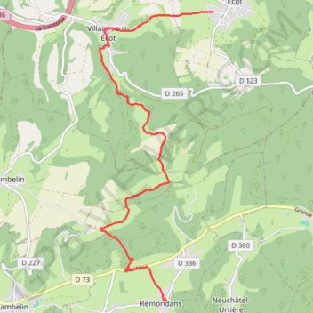 Itinéraire GRP du pays de Montbéliard d'Ecot à Rémondans, distance, dénivelé, altitude, carte, profil, trace GPS