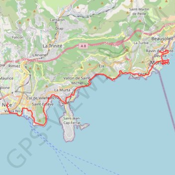 Itinéraire Nice Monaco, distance, dénivelé, altitude, carte, profil, trace GPS