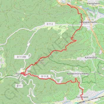 Itinéraire 1. Turckheim-Kaysersberg, distance, dénivelé, altitude, carte, profil, trace GPS