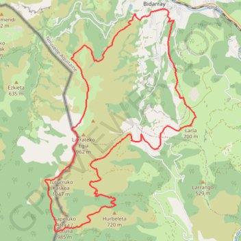 Itinéraire Bidarrai Aunamendi ibilaldi neurtua, distance, dénivelé, altitude, carte, profil, trace GPS