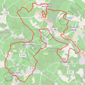 Itinéraire St Sulpice Louzac Cherves 33 kms, distance, dénivelé, altitude, carte, profil, trace GPS