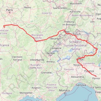 Itinéraire RT6-26 Parme - Steelvio - Fleury-les-Aubrais, distance, dénivelé, altitude, carte, profil, trace GPS