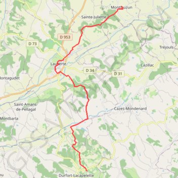 Itinéraire Montlauzun - Durfort-Lacapelette, distance, dénivelé, altitude, carte, profil, trace GPS