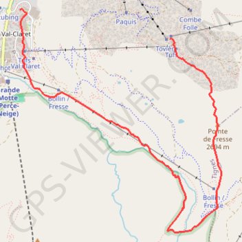 Itinéraire Descente depuis l'aérogare d'arrivée de Tovière jusqu'à Tignes-Val Claret, distance, dénivelé, altitude, carte, profil, trace GPS