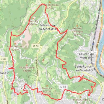 Itinéraire Boucle dans les Monts d'Or au départ de Saint-Romain, distance, dénivelé, altitude, carte, profil, trace GPS