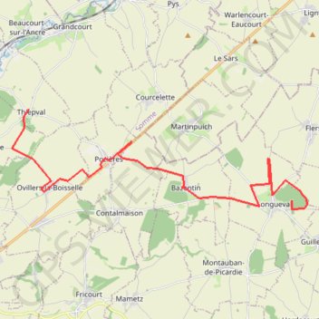 Itinéraire Péronne, Thiepval-Longueval, distance, dénivelé, altitude, carte, profil, trace GPS