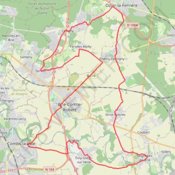 Itinéraire La Brie autour des villes de Brie-Comte-Robert, de Lesigny et de Combs-la-Ville, distance, dénivelé, altitude, carte, profil, trace GPS