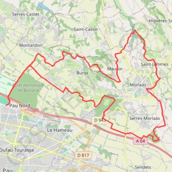 Itinéraire Tour de Morlaas depuis le bois de Pau, distance, dénivelé, altitude, carte, profil, trace GPS