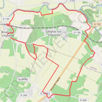 Itinéraire Boucle Brives/Charente via Salignac, distance, dénivelé, altitude, carte, profil, trace GPS