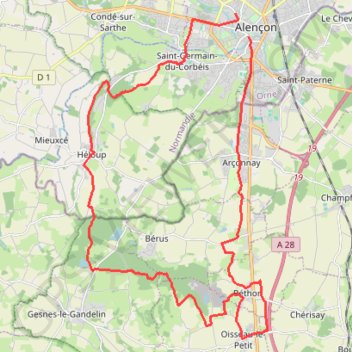 Itinéraire Arçonnay, Oisseau le Petit, Béthon, Bois de Veaux, Bois des Rablais, Héloup, distance, dénivelé, altitude, carte, profil, trace GPS
