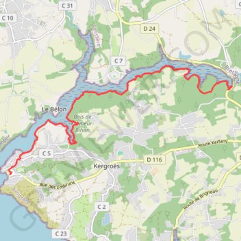 Itinéraire RIA DU BELON, distance, dénivelé, altitude, carte, profil, trace GPS