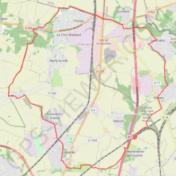 Itinéraire LOUVRES, distance, dénivelé, altitude, carte, profil, trace GPS
