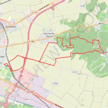 Itinéraire Reims - Tour Télécom du mont de Berru, distance, dénivelé, altitude, carte, profil, trace GPS