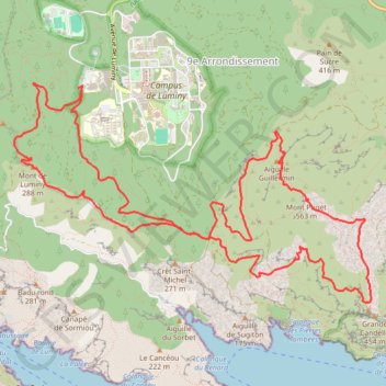 Itinéraire Marseille-Luminy - Mont Puget par brèche Guillemin, distance, dénivelé, altitude, carte, profil, trace GPS