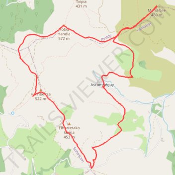 Itinéraire Hoxahandia et Mendibile en circuit depuis le col des Palombières, distance, dénivelé, altitude, carte, profil, trace GPS