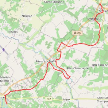 Itinéraire Circuit Véloroute - "Rayonnantes de Haute-Saintonge N°4" - "Jonzac - Archiac", distance, dénivelé, altitude, carte, profil, trace GPS
