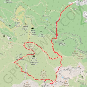 Itinéraire Malvallon Sud, Médian, Titou Ninou, sommet Ouest de l'Homme Mort, distance, dénivelé, altitude, carte, profil, trace GPS