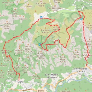 Itinéraire Mons Héric Douch Caroux Colombières, distance, dénivelé, altitude, carte, profil, trace GPS