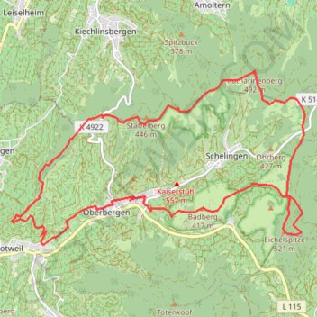 Itinéraire Kaiserstuhl 18km, 540D+ 1, distance, dénivelé, altitude, carte, profil, trace GPS