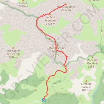 Itinéraire Mont mounier a depart de Valberg, distance, dénivelé, altitude, carte, profil, trace GPS