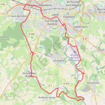 Itinéraire Laval en passant par la vallée du Vicoin et de la Mayenne, distance, dénivelé, altitude, carte, profil, trace GPS