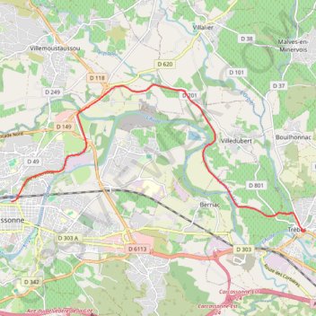 Itinéraire Carcassonne, distance, dénivelé, altitude, carte, profil, trace GPS