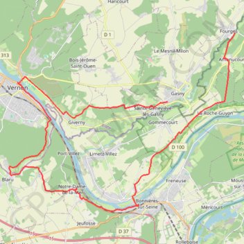 Itinéraire Fourges-Vernon-Bennecourt-Fourges, distance, dénivelé, altitude, carte, profil, trace GPS