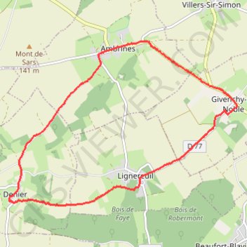 Itinéraire Givenchy-le-Noble - Ambrines - Denier - Lignereuil, distance, dénivelé, altitude, carte, profil, trace GPS