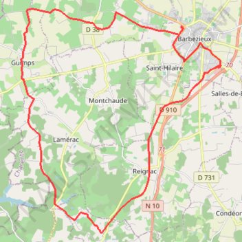 Itinéraire Barbezieux 34 kms, distance, dénivelé, altitude, carte, profil, trace GPS