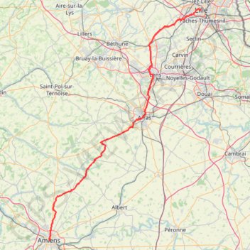 Itinéraire Lille (59000-59800), Nord, Hauts-de-France, France > Amiens (80000-80090), Somme, Hauts-de-France, France, distance, dénivelé, altitude, carte, profil, trace GPS