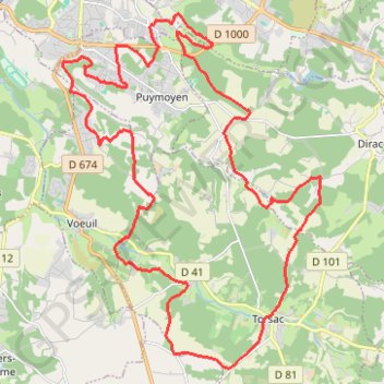Itinéraire Les Eaux Claires - Puymoyen - Torsac, distance, dénivelé, altitude, carte, profil, trace GPS