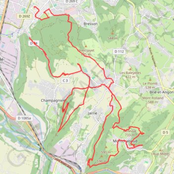 Itinéraire Des crêtes de Champagnier à la DH de Montchaboud par la pointe de Bellevue, distance, dénivelé, altitude, carte, profil, trace GPS