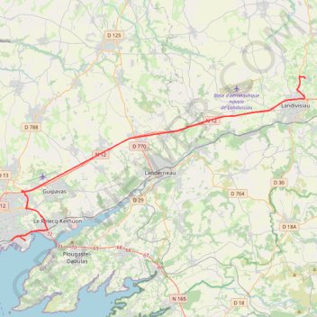 Itinéraire véhicules landivisiau-brest, distance, dénivelé, altitude, carte, profil, trace GPS