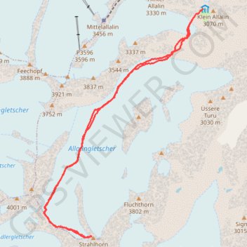 Itinéraire Strahlhorn, distance, dénivelé, altitude, carte, profil, trace GPS