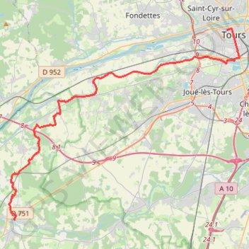 Itinéraire 9 Azay le Rideau-Tours: 33.80 km, distance, dénivelé, altitude, carte, profil, trace GPS